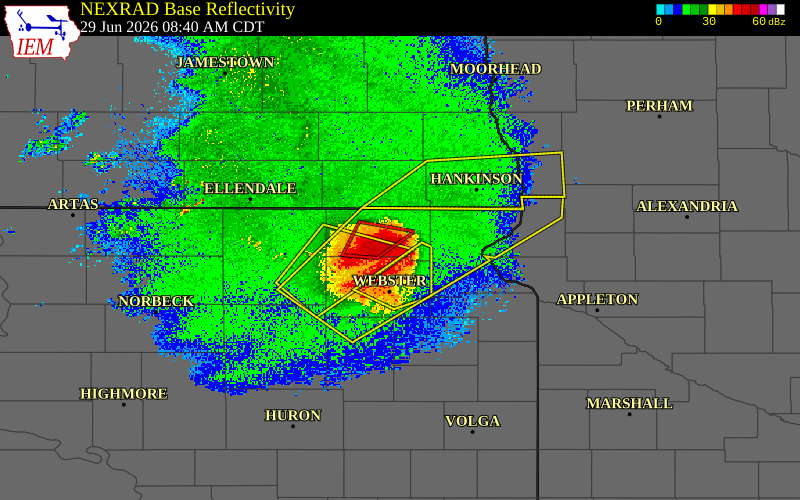 Radar snapshot during the Jun 29, 2026 hail event near 2 NW Eden, Marshall County, South Dakota, with NWS warning polygons