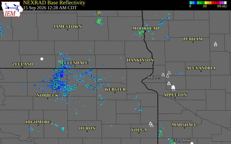 Current NEXRAD radar over Marshall County, South Dakota with recent storm report locations