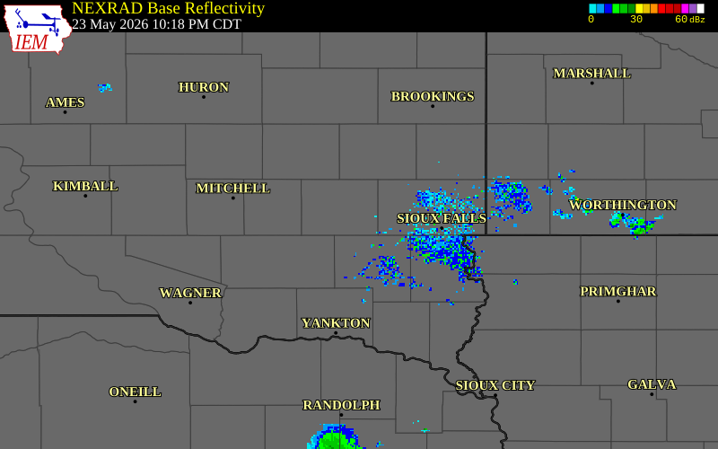 NEXRAD radar during the Saturday, May 23, 2026 storm activity in McCook County, South Dakota