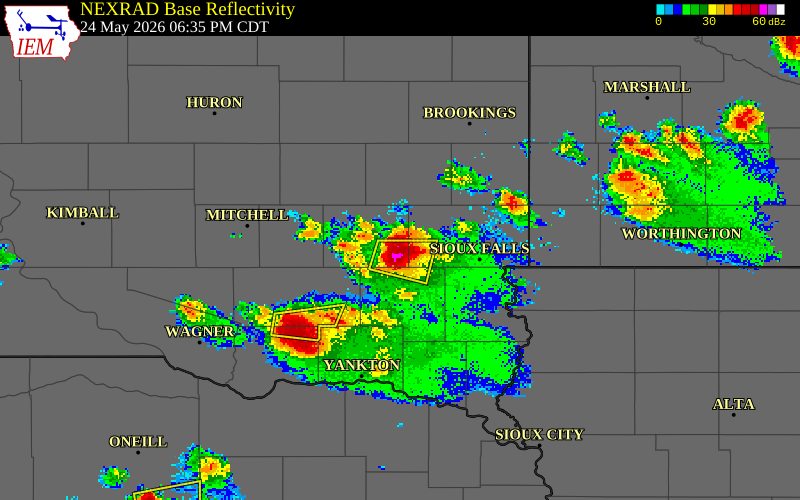 NEXRAD radar during the Sunday, May 24, 2026 storm activity in McCook County, South Dakota