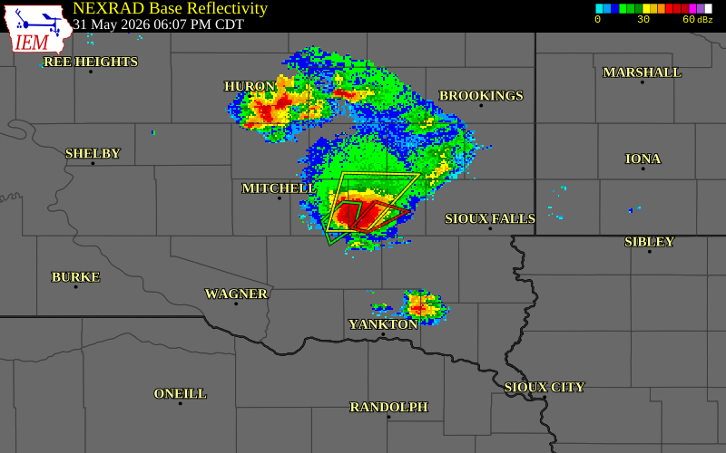 NEXRAD radar during the Sunday, May 31, 2026 storm activity in McCook County, South Dakota