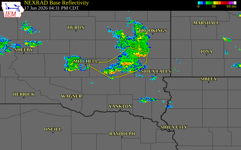 NEXRAD radar during the Wednesday, June 17, 2026 storm activity in McCook County, South Dakota