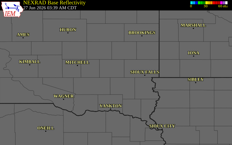 NEXRAD radar during the Saturday, June 27, 2026 storm activity in McCook County, South Dakota