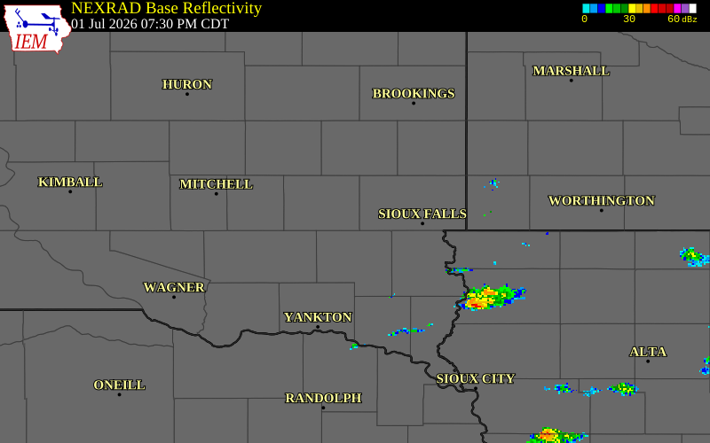 NEXRAD radar during the Wednesday, July 1, 2026 storm activity in McCook County, South Dakota