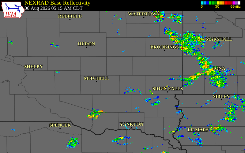 NEXRAD radar during the Thursday, August 6, 2026 storm activity in McCook County, South Dakota