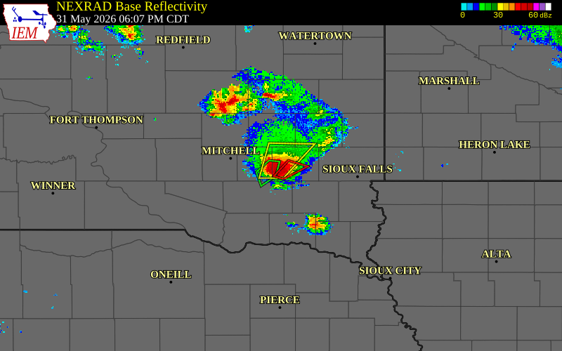 Radar snapshot during the May 31, 2026 tornado event near 1 NW Bridgewater, McCook County, South Dakota, with NWS warning polygons