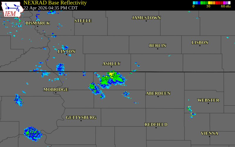 NEXRAD radar during the Wednesday, April 22, 2026 storm activity in McPherson County, South Dakota