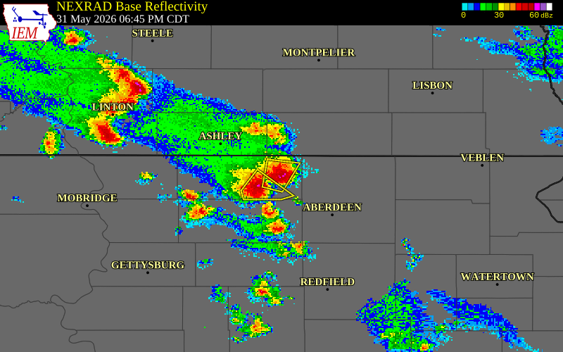 NEXRAD radar during the Sunday, May 31, 2026 storm activity in McPherson County, South Dakota