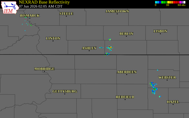 NEXRAD radar during the Sunday, June 7, 2026 storm activity in McPherson County, South Dakota