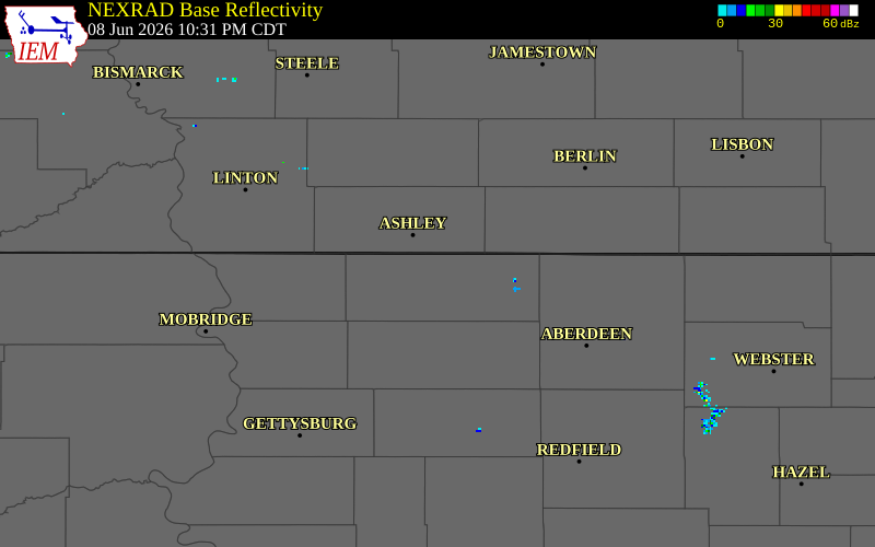 NEXRAD radar during the Monday, June 8, 2026 storm activity in McPherson County, South Dakota
