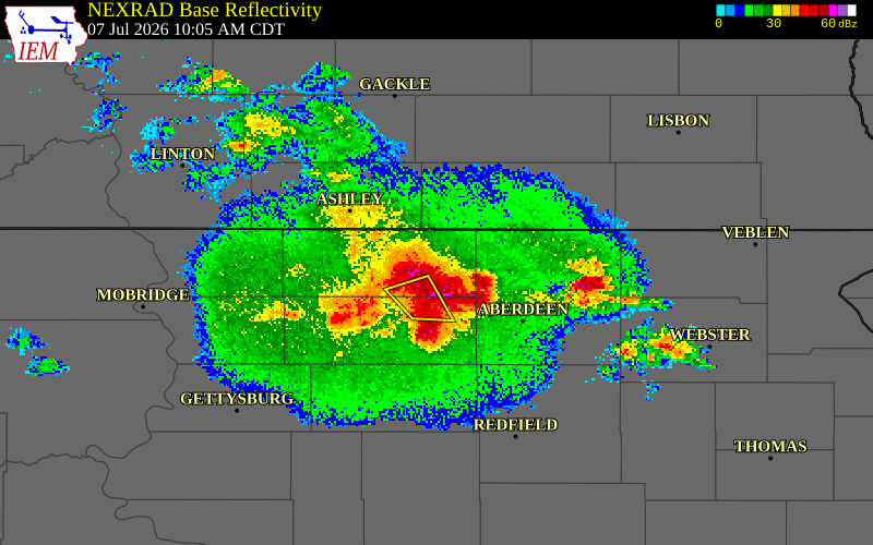 NEXRAD radar during the Tuesday, July 7, 2026 storm activity in McPherson County, South Dakota