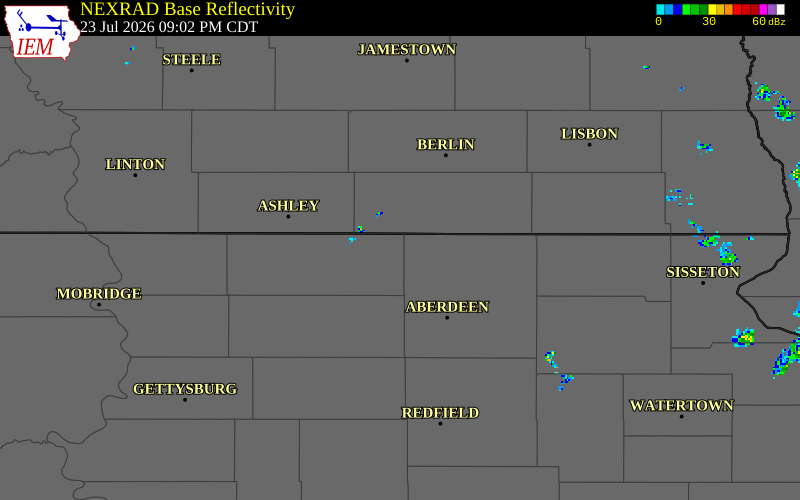 NEXRAD radar during the Thursday, July 23, 2026 storm activity in McPherson County, South Dakota