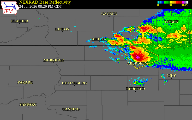 NEXRAD radar during the Friday, July 24, 2026 storm activity in McPherson County, South Dakota