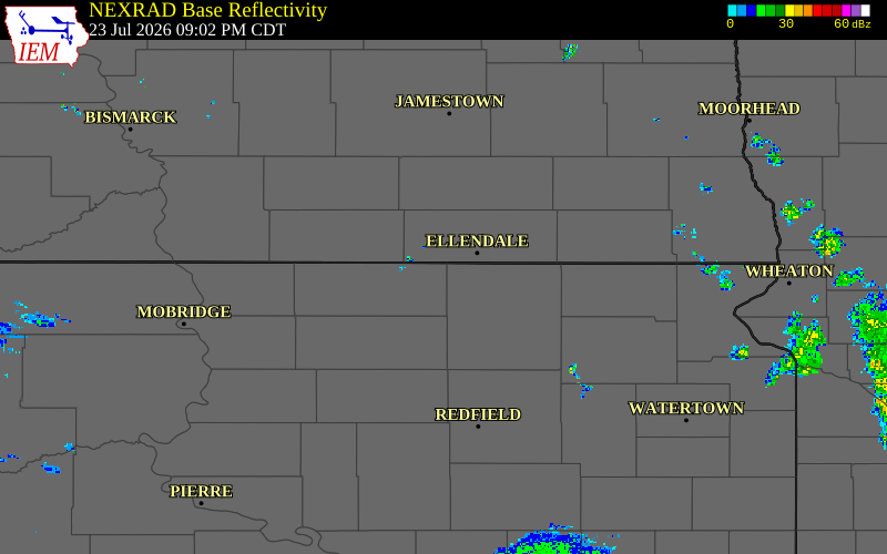 Radar snapshot during the Jul 23, 2026 hail event near 3 SW Elm Lake, McPherson County, South Dakota, with NWS warning polygons