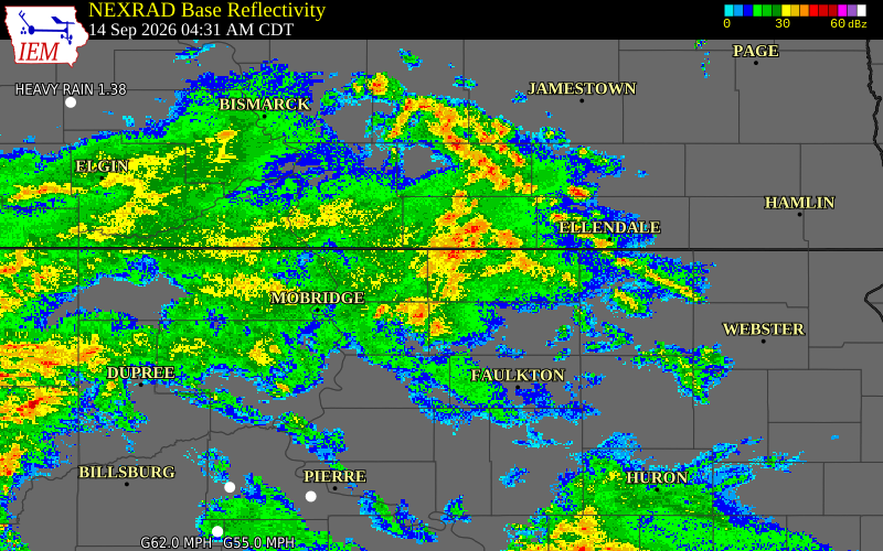 Current NEXRAD radar over McPherson County, South Dakota with recent storm report locations