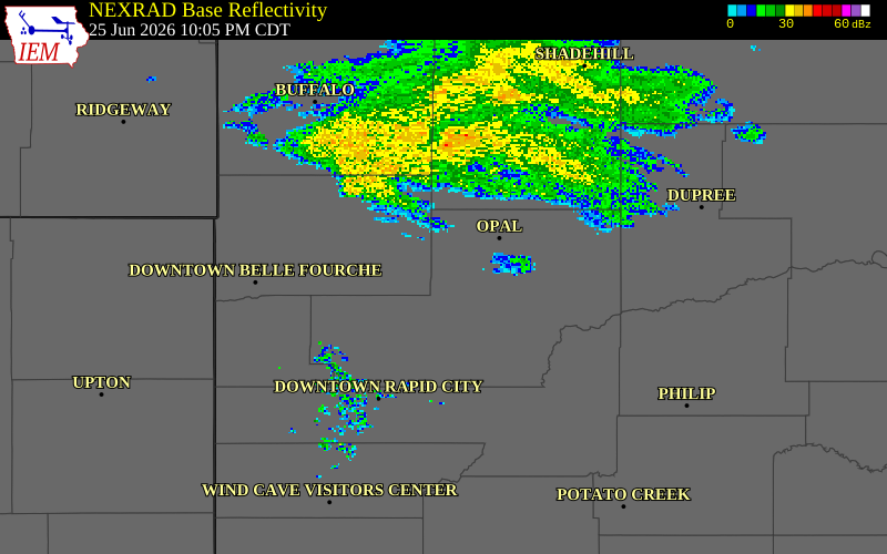 NEXRAD radar during the Thursday, June 25, 2026 storm activity in Meade County, South Dakota