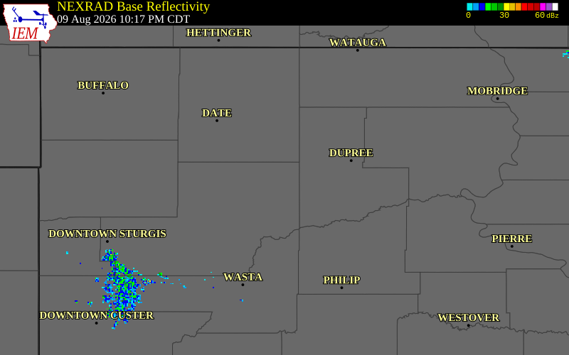 NEXRAD radar during the Sunday, August 9, 2026 storm activity in Meade County, South Dakota