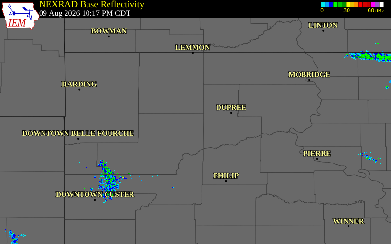 Radar snapshot during the Aug 9, 2026 tornado event near 8 SSW Faith, Meade County, South Dakota, with NWS warning polygons