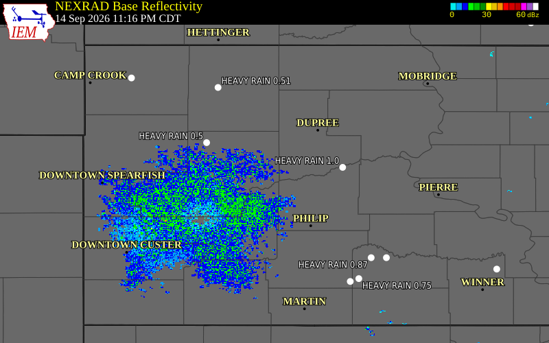 Current NEXRAD radar over Meade County, South Dakota with recent storm report locations