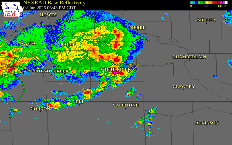 NEXRAD radar during the Tuesday, June 2, 2026 storm activity in Mellette County, South Dakota