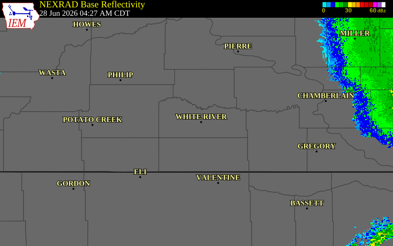 NEXRAD radar during the Sunday, June 28, 2026 storm activity in Mellette County, South Dakota