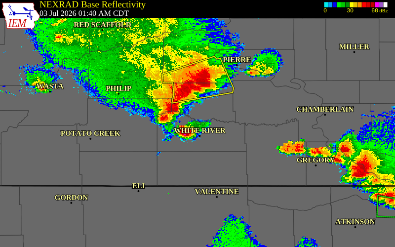 NEXRAD radar during the Friday, July 3, 2026 storm activity in Mellette County, South Dakota