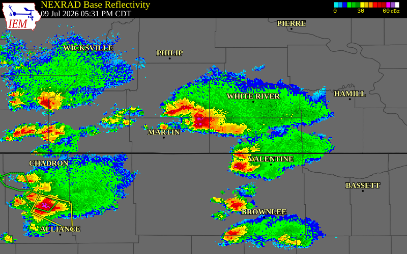 NEXRAD radar during the Thursday, July 9, 2026 storm activity in Mellette County, South Dakota