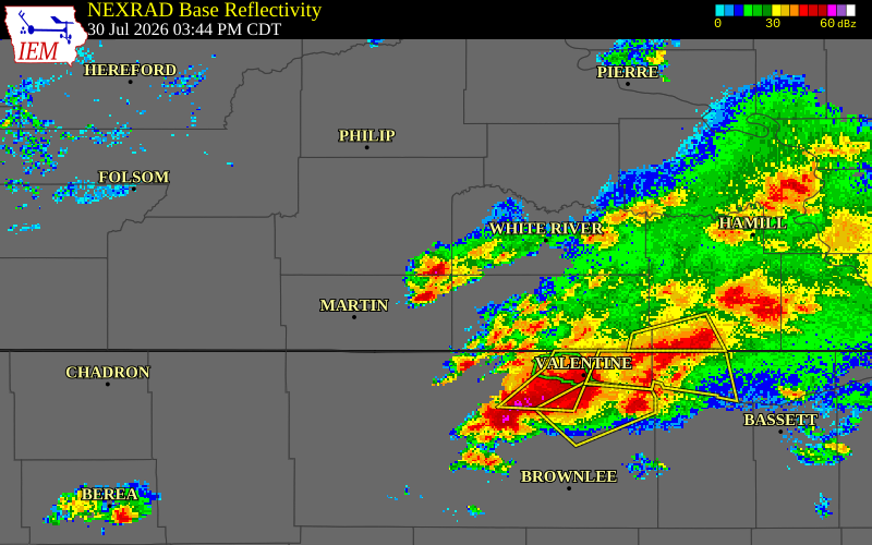 NEXRAD radar during the Thursday, July 30, 2026 storm activity in Mellette County, South Dakota