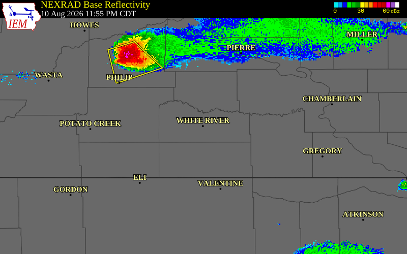 NEXRAD radar during the Monday, August 10, 2026 storm activity in Mellette County, South Dakota
