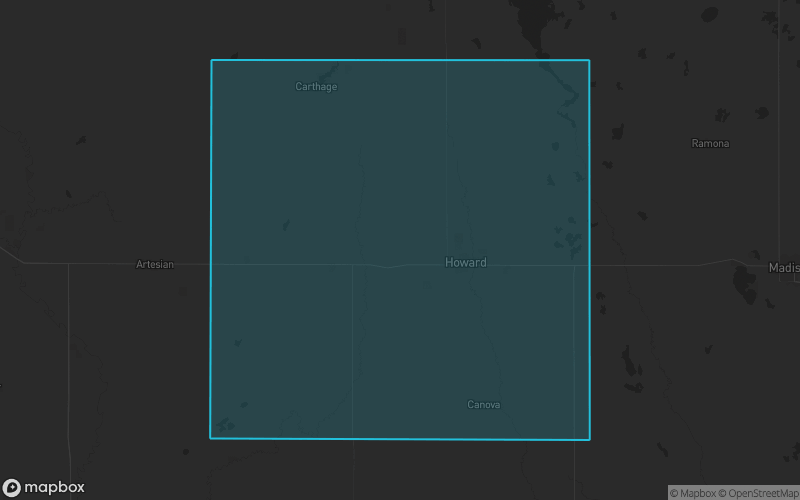 Map of Miner County, South Dakota showing the county boundary and surrounding cities