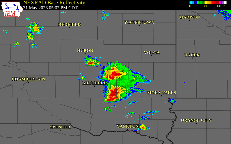 NEXRAD radar during the Sunday, May 31, 2026 storm activity in Miner County, South Dakota