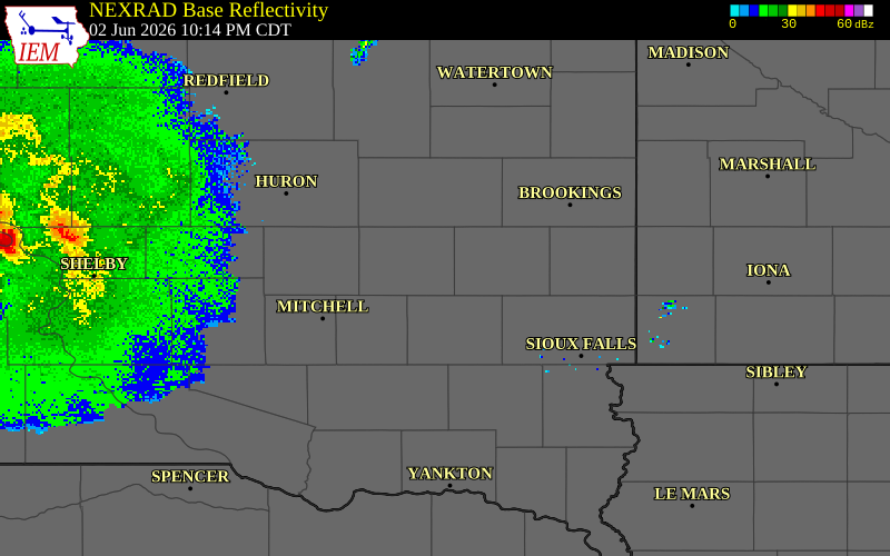 NEXRAD radar during the Tuesday, June 2, 2026 storm activity in Miner County, South Dakota