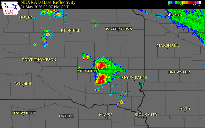 Radar snapshot during the May 31, 2026 hail event near 2 W Vilas, Miner County, South Dakota, with NWS warning polygons