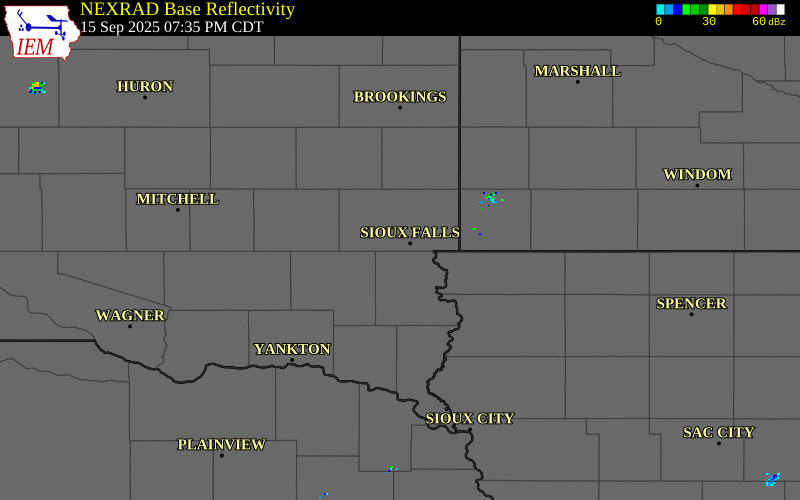 NEXRAD radar during the Monday, September 15, 2025 storm activity in Minnehaha County, South Dakota