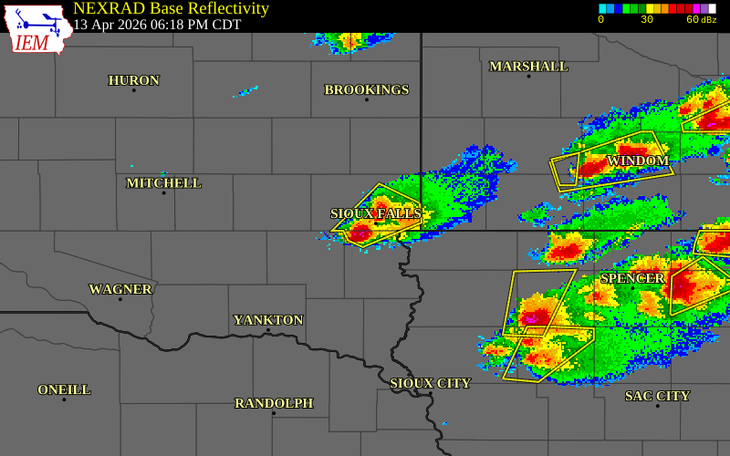 NEXRAD radar during the Monday, April 13, 2026 storm activity in Minnehaha County, South Dakota