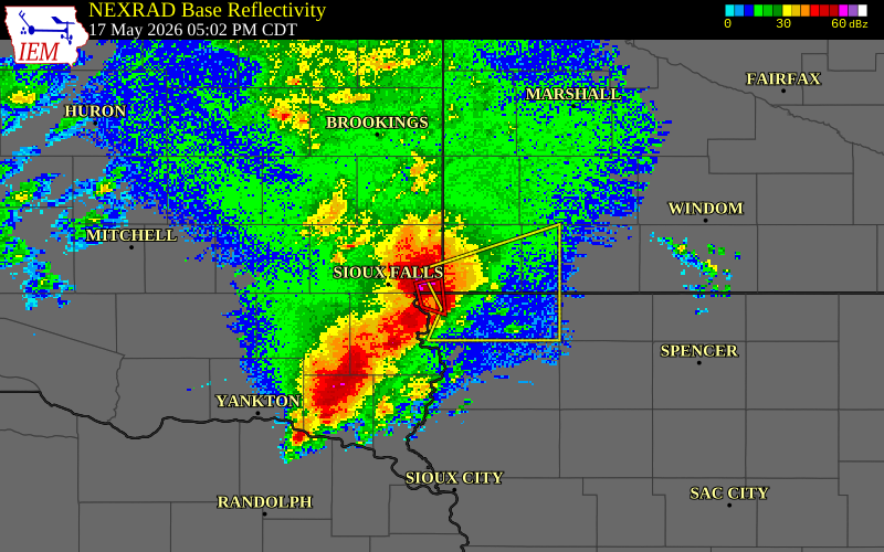 NEXRAD radar during the Sunday, May 17, 2026 storm activity in Minnehaha County, South Dakota