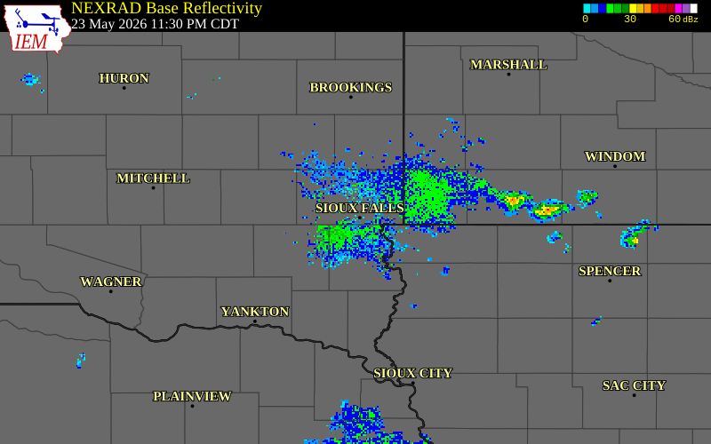 NEXRAD radar during the Saturday, May 23, 2026 storm activity in Minnehaha County, South Dakota