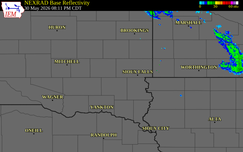 NEXRAD radar during the Saturday, May 30, 2026 storm activity in Minnehaha County, South Dakota