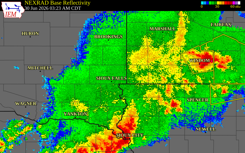 NEXRAD radar during the Tuesday, June 30, 2026 storm activity in Minnehaha County, South Dakota