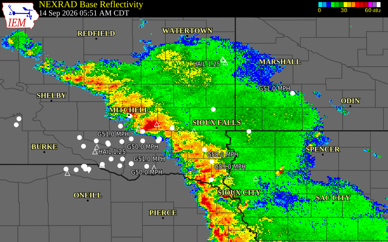 Current NEXRAD radar over Minnehaha County, South Dakota with recent storm report locations