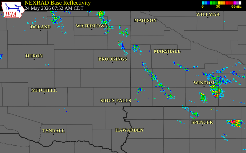 NEXRAD radar during the Sunday, May 24, 2026 storm activity in Moody County, South Dakota