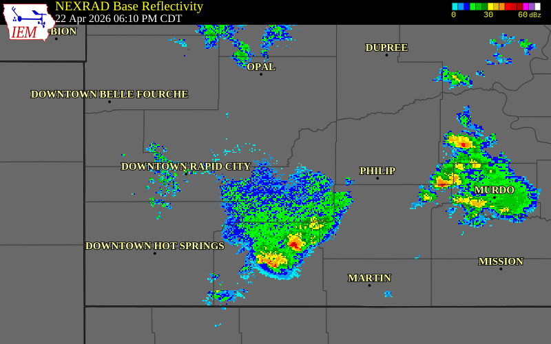 NEXRAD radar during the Wednesday, April 22, 2026 storm activity in Pennington County, South Dakota