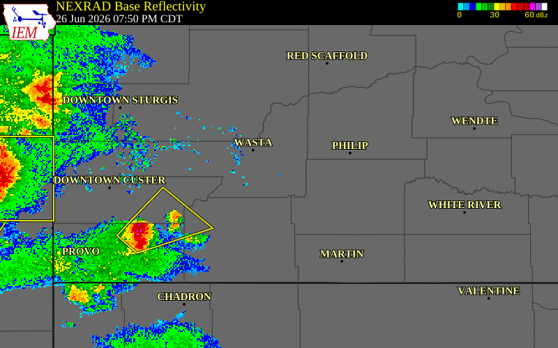 NEXRAD radar during the Friday, June 26, 2026 storm activity in Pennington County, South Dakota