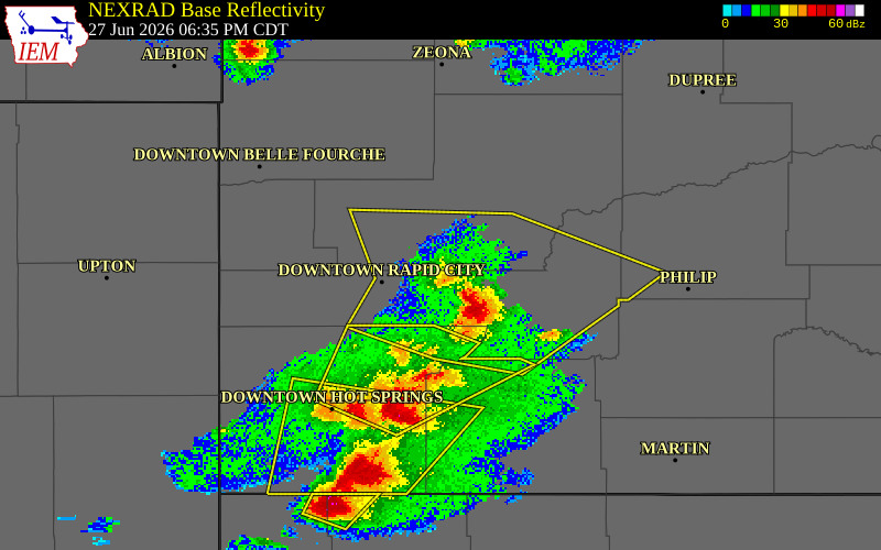 NEXRAD radar during the Saturday, June 27, 2026 storm activity in Pennington County, South Dakota
