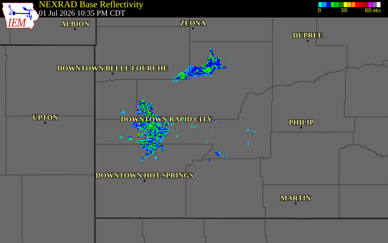 NEXRAD radar during the Wednesday, July 1, 2026 storm activity in Pennington County, South Dakota