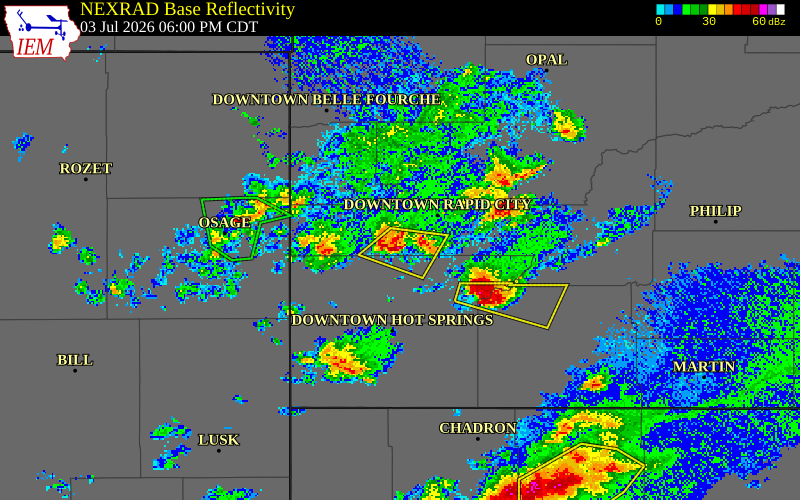 NEXRAD radar during the Friday, July 3, 2026 storm activity in Pennington County, South Dakota