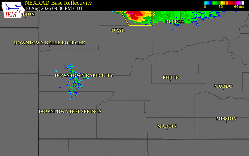NEXRAD radar during the Monday, August 10, 2026 storm activity in Pennington County, South Dakota
