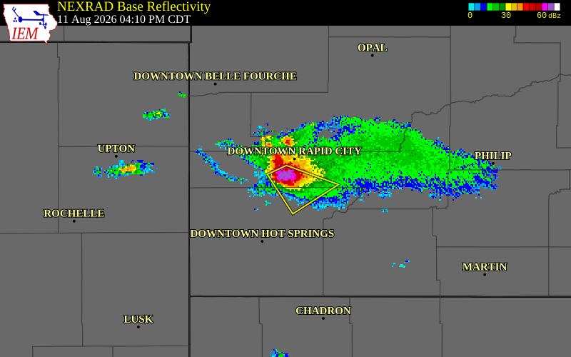 NEXRAD radar during the Tuesday, August 11, 2026 storm activity in Pennington County, South Dakota