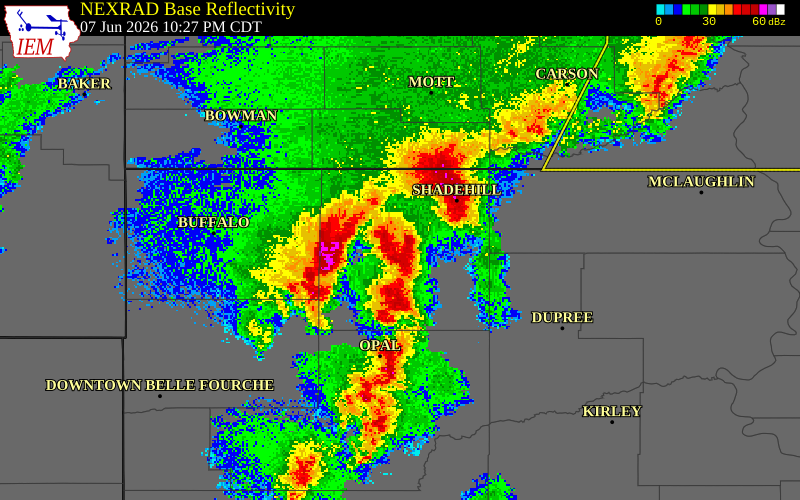 NEXRAD radar during the Sunday, June 7, 2026 storm activity in Perkins County, South Dakota