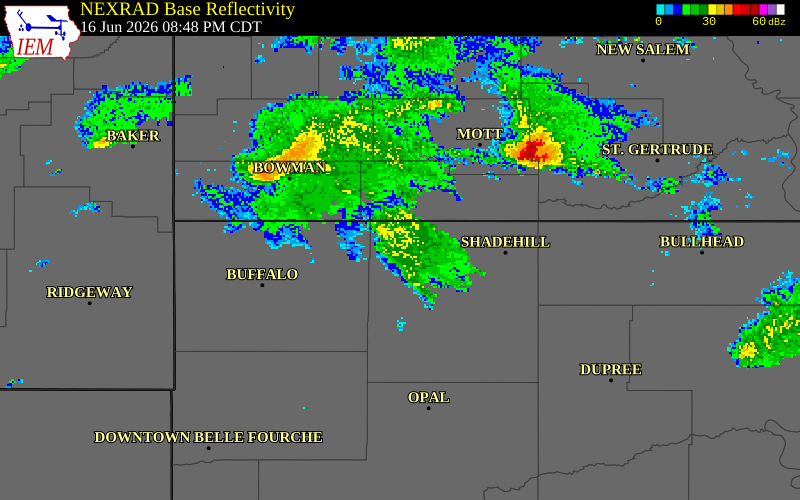 NEXRAD radar during the Tuesday, June 16, 2026 storm activity in Perkins County, South Dakota